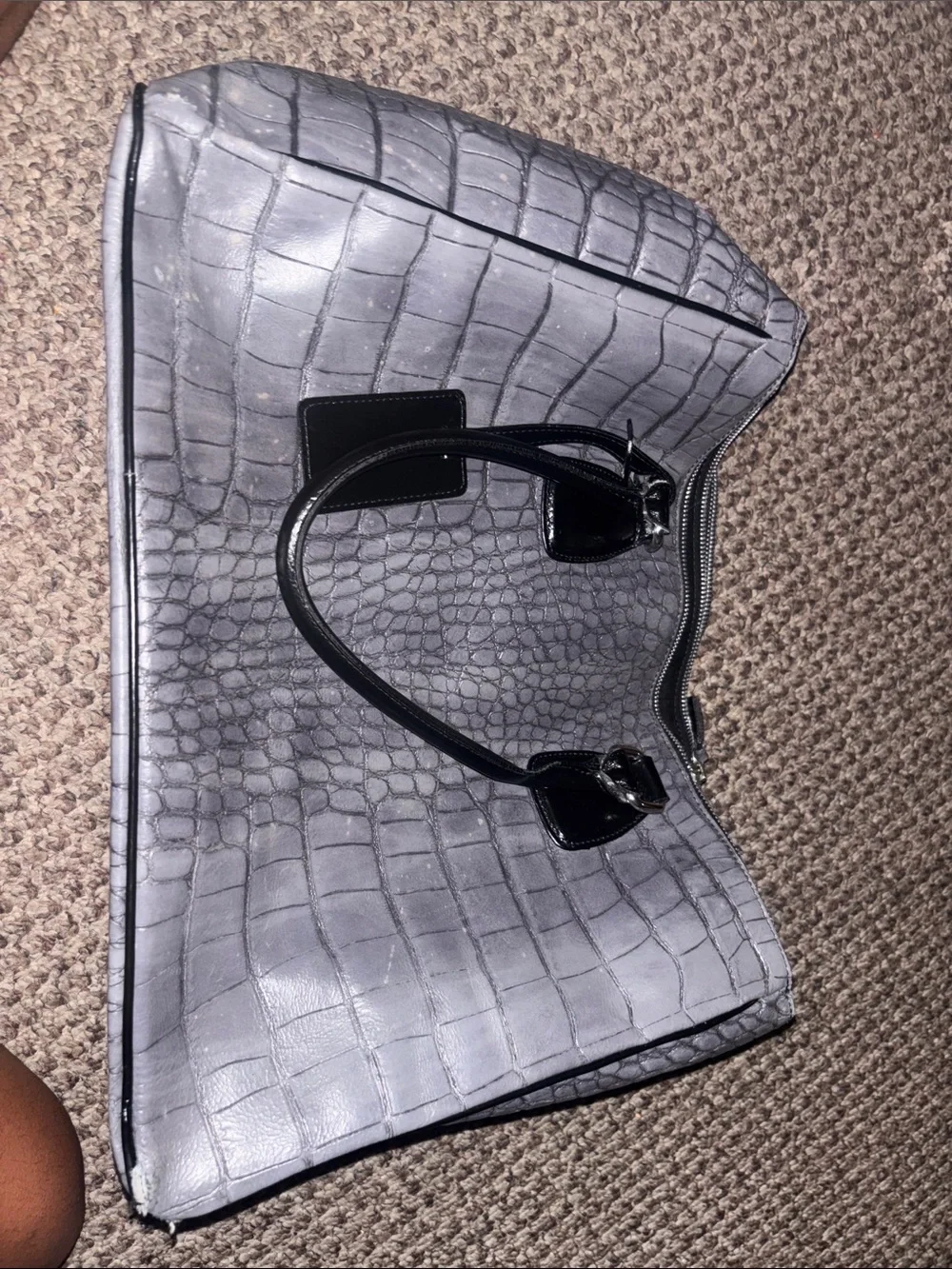 Gray Croc-Texture Tote Bag with Black Handles